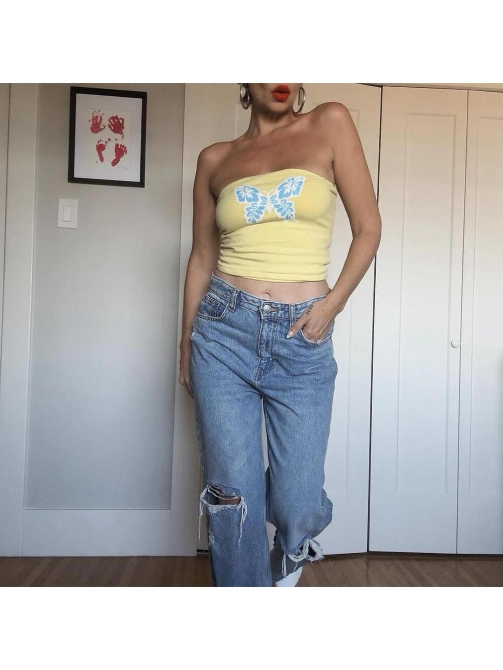 y2k yellow butterfly tube top – festival summer